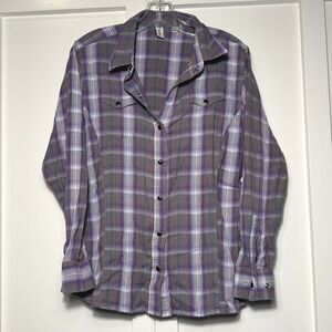 Walls Womens Purple Grey Plaid Western Pearl Snap Cotton Shirt Large